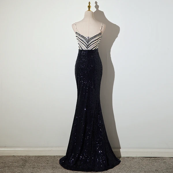 Sexy Argenté Bleu Marine Paillettes Robe De Soirée 2022 Trompette / Sirène Bretelles Spaghetti Sans Manches Dos Nu Fendue devant Longue Robe De Ceremonie