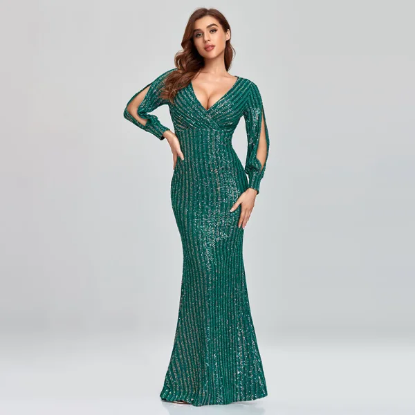 Sparkly Black Sequins Evening Dresses 2023 Trumpet / Mermaid V-Neck Long Sleeve Floor-Length / Long Evening Party Formal Dresses