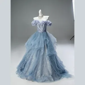 High End Sky Blue Sequins Rhinestone Prom Dresses 2025 Ball Gown Off The Shoulder Short Sleeve Backless Sweep Train Prom Formal Dresses