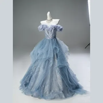 High End Sky Blue Sequins Rhinestone Prom Dresses 2025 Ball Gown Off The Shoulder Short Sleeve Backless Sweep Train Prom Formal Dresses