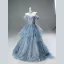 High-end Sky Blue Sequins Rhinestone Prom Dresses 2025 Ball Gown Off-The-Shoulder Short Sleeve Backless Sweep Train Prom Formal Dresses