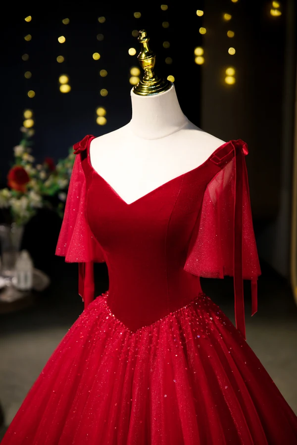 Vintage / Retro Burgundy Beading Sequins Prom Dresses 2023 Ball Gown Velvet V-Neck Short Sleeve Backless Floor-Length / Long Prom Formal Dresses