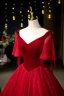 Vintage / Retro Burgundy Beading Sequins Prom Dresses 2023 Ball Gown Velvet V-Neck Short Sleeve Backless Floor-Length / Long Prom Formal Dresses