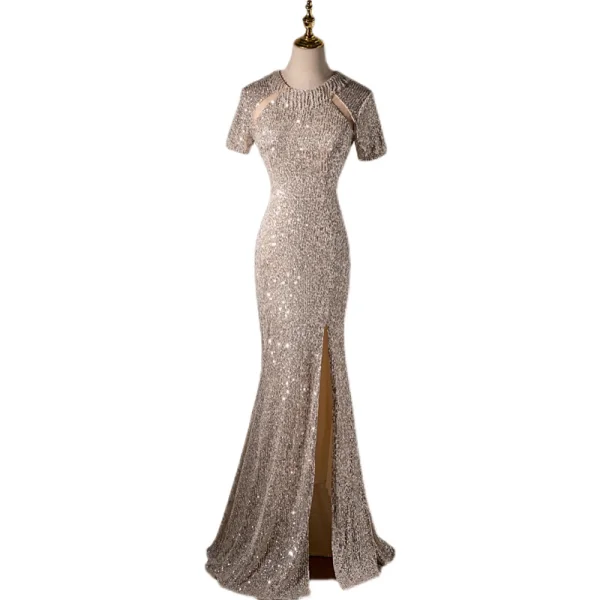Sexy Sparkly Champagne Evening Dresses 2022 Trumpet / Mermaid Scoop Neck Short Sleeve Beading Sequins Lace Flower Floor-Length / Long Split Front Evening Party Formal Dresses