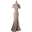 Sexy Sparkly Champagne Evening Dresses 2022 Trumpet / Mermaid Scoop Neck Short Sleeve Beading Sequins Lace Flower Floor-Length / Long Split Front Evening Party Formal Dresses