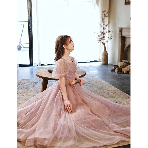Modest / Simple Blushing Pink Pearl Prom Dresses 2022 A-Line / Princess Square Neckline Short Sleeve Backless Floor-Length / Long Formal Dresses