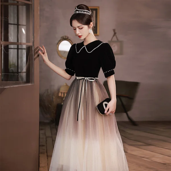 Elegant Black Evening Dresses 2023 A-Line / Princess Pearl Scoop Neck Bow Sash Short Sleeve Floor-Length / Long Evening Party Formal Dresses