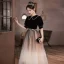 Elegant Black Evening Dresses 2023 A-Line / Princess Pearl Scoop Neck Bow Sash Short Sleeve Floor-Length / Long Evening Party Formal Dresses