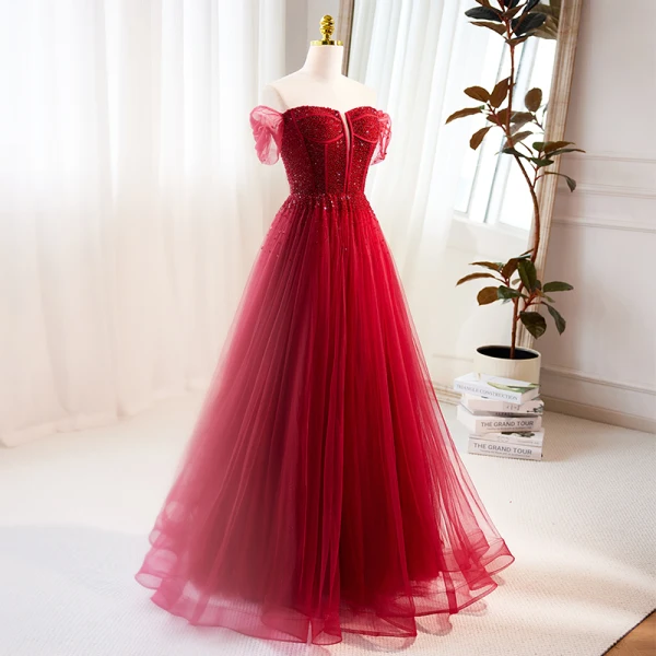 Charming Burgundy Beading Sequins Evening Dresses 2023 A-Line / Princess Off-The-Shoulder Short Sleeve Backless Floor-Length / Long Evening Party Formal Dresses
