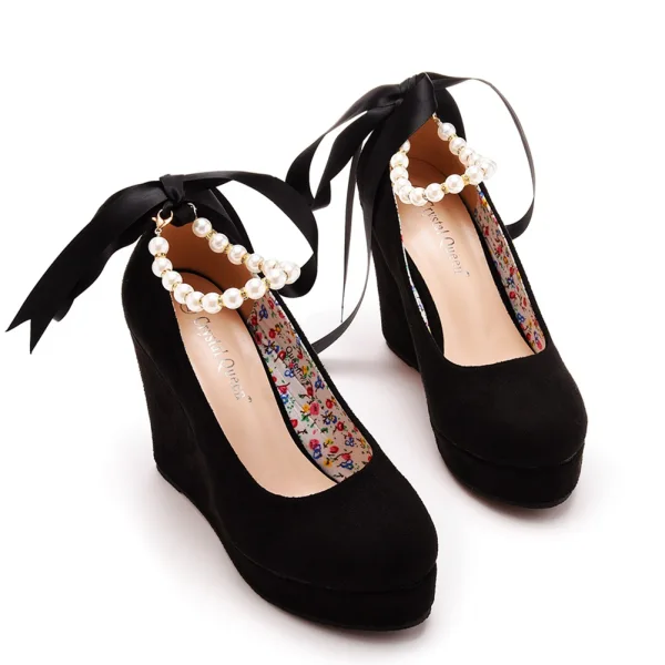 Chic / Beautiful Red Evening Party Pearl T-Strap Bow Womens Shoes 2023 10 cm Wedges Round Toe Womens Shoes