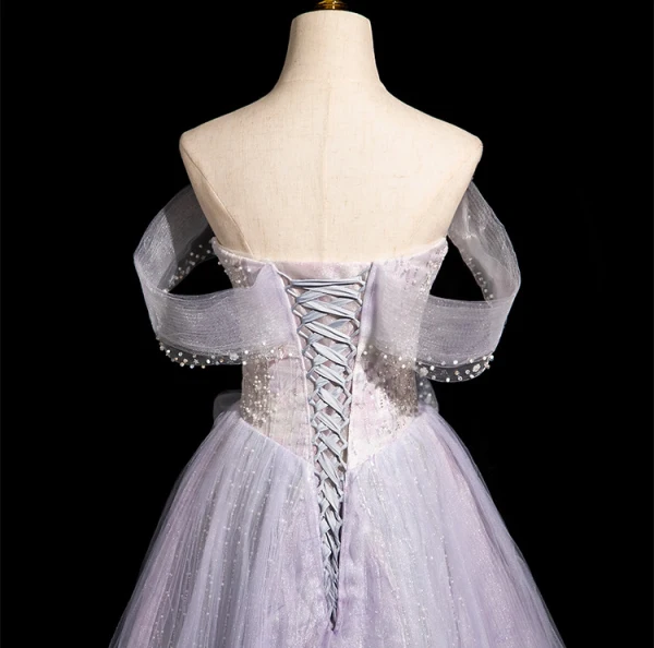 Charming Lavender Beading Pearl Sequins Prom Dresses 2024 Off-The-Shoulder A-Line / Princess Sleeveless Backless Floor-Length / Long Prom Formal Dresses