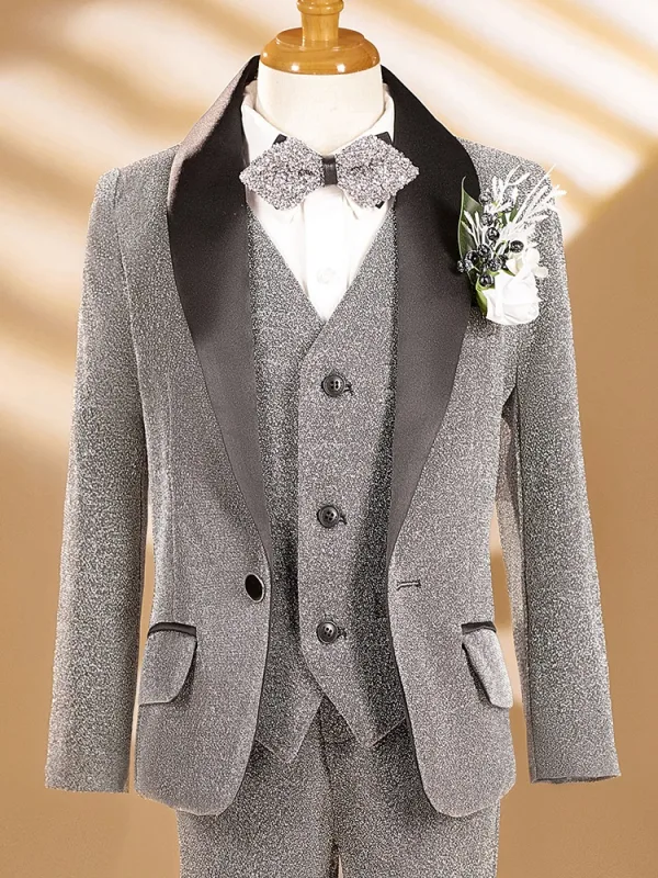 Fall Winter Grey Glitter 6-piece Long Sleeve Boys Wedding Suits 2025 Body Jewellery Coat Necklace Pants Shirt Tie Vest