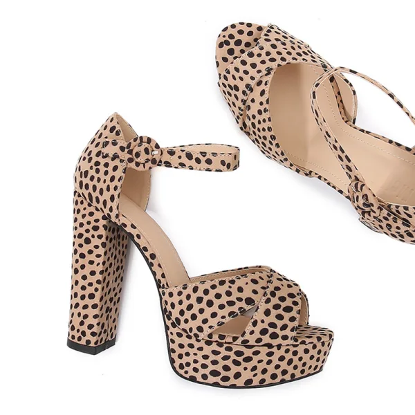 Fashion Brown Leopard Print Evening Party Womens Sandals 2022 12 cm Thick Heels Ankle Strap Open / Peep Toe Sandals High Heels