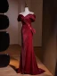 Élégant Bordeaux Paillettes Robe De Bal 2024 Trompette / Sirène De l'épaule Manches Courtes Dos Nu Train De Balayage Promo Robe De Ceremonie