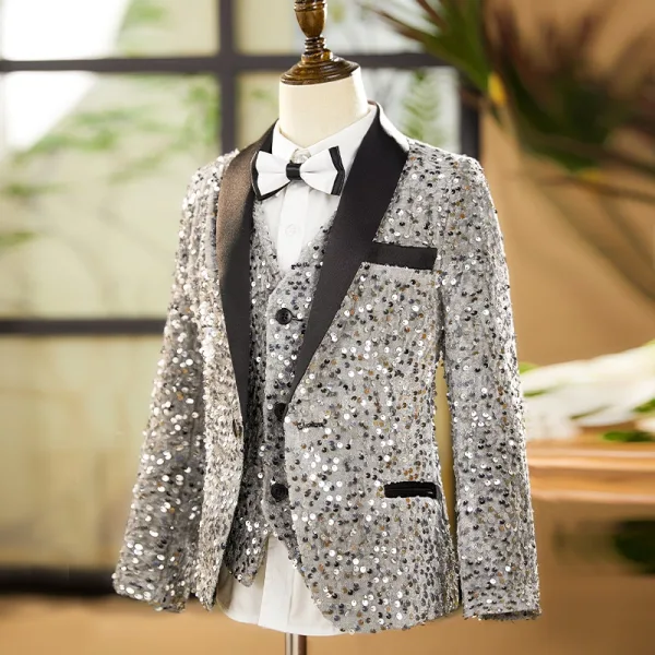 Scintillantes Gris Paillettes Manches Longues Costume Garçon Mariage 2025 Mariage Bijoux De Corps Manteau Pantalon Chemise Cravate Gilet