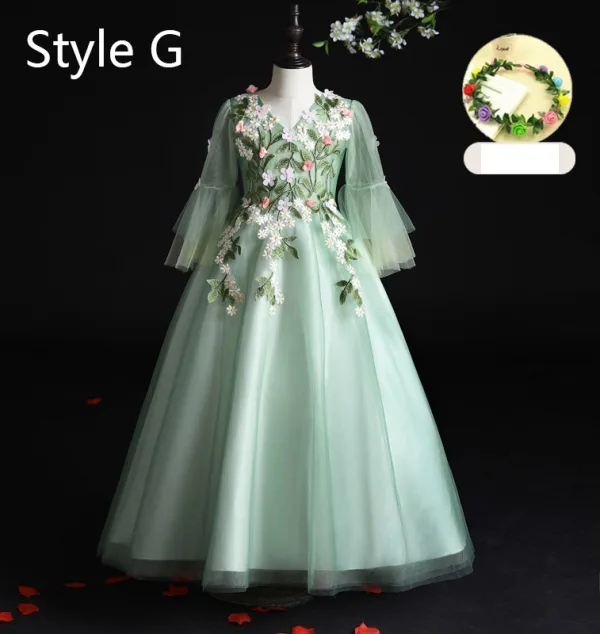 Flower Fairy Sage Green Appliques Lace Flower Birthday Flower Girl Dresses 2024 Ball Gown V-Neck Bell sleeves Court Train Flower Girl Dresses