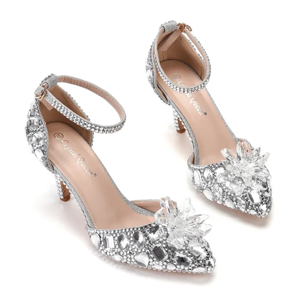 Cinderella Champagne Crystal Wedding Shoes 2022 Rhinestone Ankle Strap 7 cm Stiletto Heels Pointed Toe Wedding Shoes High Heels