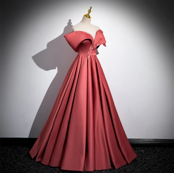 Elegant Watermelon Pearl Satin Prom Dresses 2024 Ball Gown Off-The-Shoulder Short Sleeve Backless Floor-Length / Long Prom Formal Dresses