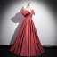 Elegant Watermelon Pearl Satin Prom Dresses 2024 Ball Gown Off-The-Shoulder Short Sleeve Backless Floor-Length / Long Prom Formal Dresses