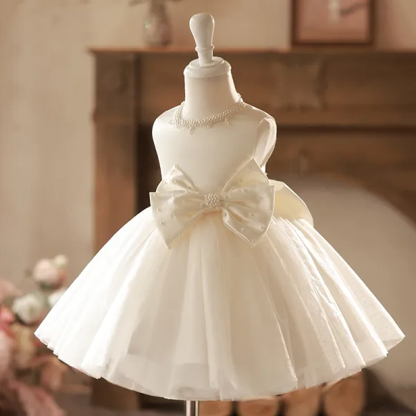 Élégant Champagne Noeud Perle Courte Anniversaire Robe Ceremonie Fille 2024 Robe Boule Encolure Dégagée Sans Manches Tulle