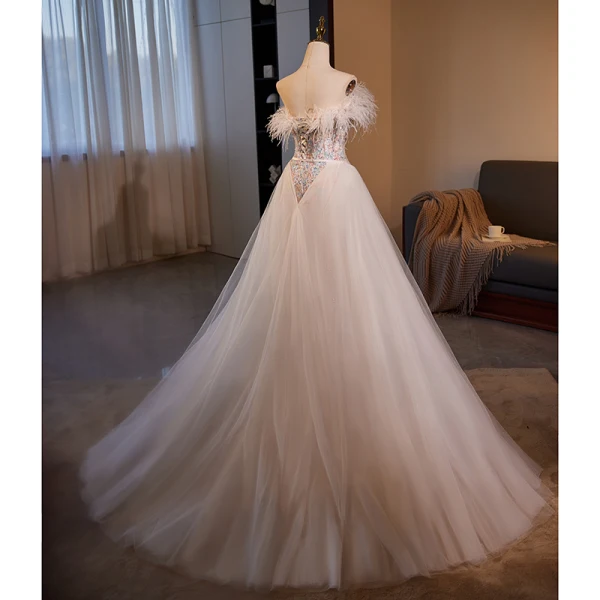 Luxury / Gorgeous Champagne Beading Sequins Feather Prom Dresses 2024 Trumpet / Mermaid Strapless Sleeveless Backless Sweep Train Evening Party Formal Dresses