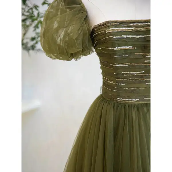 Modest / Simple Clover Green Sequins Prom Dresses 2022 A-Line / Princess Square Neckline Puffy Short Sleeve Backless Floor-Length / Long Prom Formal Dresses