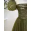 Modest / Simple Clover Green Sequins Prom Dresses 2022 A-Line / Princess Square Neckline Puffy Short Sleeve Backless Floor-Length / Long Prom Formal Dresses