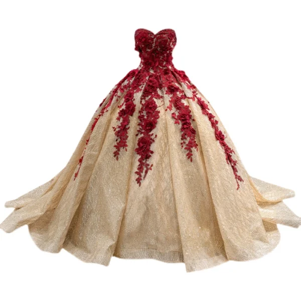 High-end Burgundy Beading Pearl Sequins Lace Flower Appliques Prom Dresses 2022 Ball Gown Strapless Sleeveless Backless Chapel Train