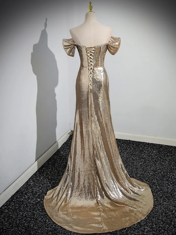 Scintillantes Doré Paillettes Robe De Soirée 2023 Trompette / Sirène De l'épaule Manches Courtes Dos Nu Train De Balayage Soirée Robe De Ceremonie