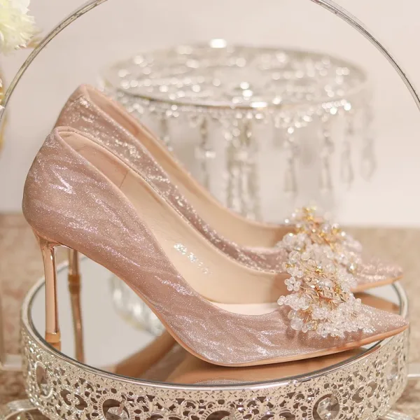 Charmant Champagner Glanz Strass Pailletten Brautschuhe 2023 8 cm Stilettos Spitzschuh Hochzeit Pumps Hochhackige