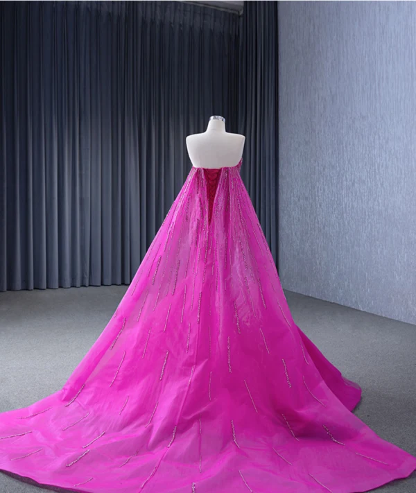 High-end Fuchsia Handmade  Beading Prom Dresses 2024 Trumpet / Mermaid Strapless Sleeveless Backless Court Train Prom Formal Dresses