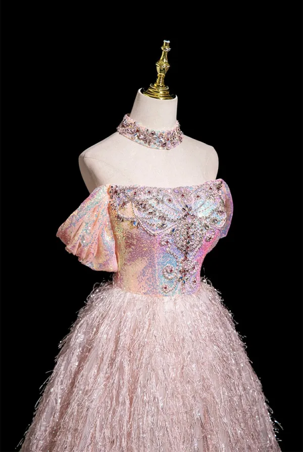 Charmant Rougissant Rose Perlage Faux Diamant Paillettes Gland Robe De Bal 2025 Princesse De l'épaule Sans Manches Dos Nu Longue Promo Robe De Ceremonie