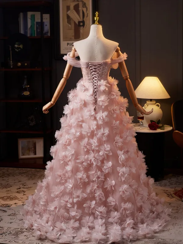 Luxury / Gorgeous Blushing Pink Beading Appliques Prom Dresses 2025 A-Line / Princess Off-The-Shoulder Sleeveless Backless Floor-Length / Long Prom Formal Dresses