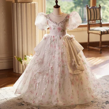 Chic Beautiful Blushing Pink Beading Pearl Printing Birthday Flower Girl Dresses 2024 Ball Gown Scoop Neck Puffy Short Sleeve Backless Floor Length Long