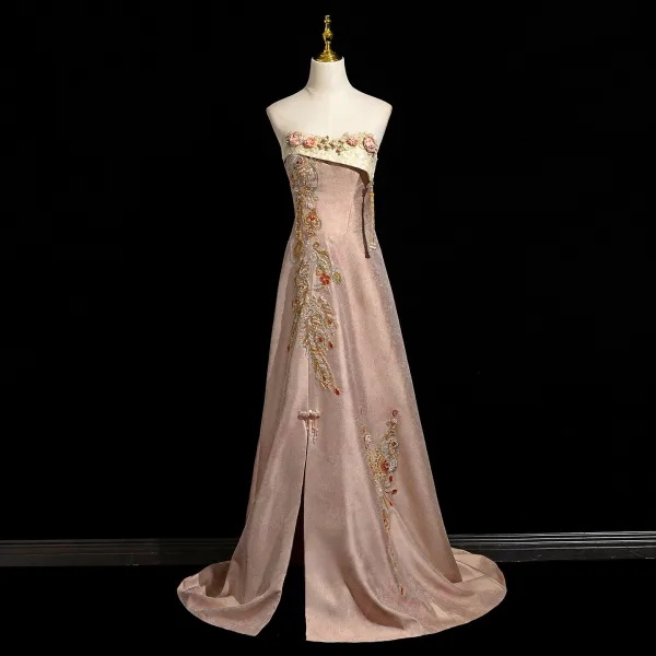 Style Chinois Rougissant Rose Perlage Paillettes En Dentelle Fleur Appliques Fendue devant Robe De Bal 2025 Princesse Bustier Sans Manches Dos Nu Train De Balayage Promo