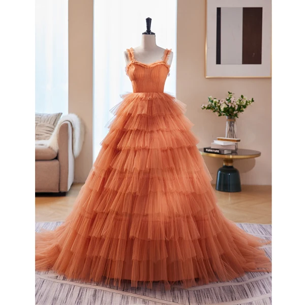 Fashion Orange Pleated Prom Dresses 2023 Ball Gown High Neck Bell sleeves Sweep Train Prom Formal Dresses