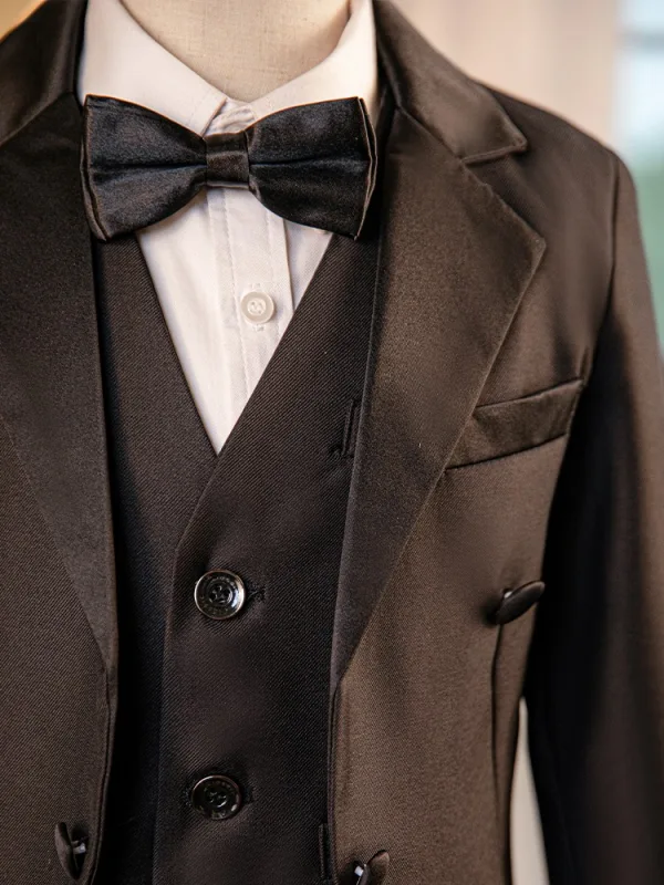 Black 6-piece Long Sleeve Boys Wedding Suits 2024 Body Jewellery Coat Pants Shirt Tie Vest