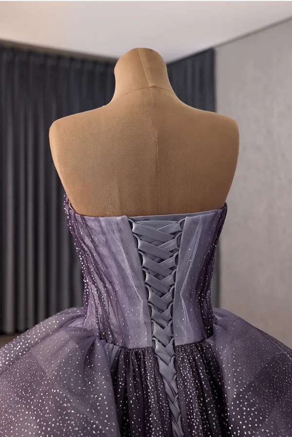 Sparkly High-end Purple Cascading Ruffles Star Sequins Prom Dresses 2026 Ball Gown Strapless Sleeveless Backless Chapel Train Formal Dresses