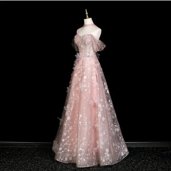 Wróżka Kwiatowa Rumieniąc Różowy Cekinami Rhinestone Perła Aplikacje Sukienki Na Bal 2025 Princessa Przy Ramieniu Kótkie Rękawy Bez Pleców Długie Sukienki Wizytowe