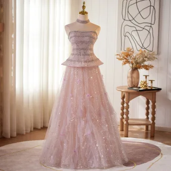 Luxe Scintillantes Rougissant Rose Perlage Faux Diamant Paillettes Robe De Bal 2026 Princesse Bustier Sans Manches Dos Nu Longue Robe De Ceremonie