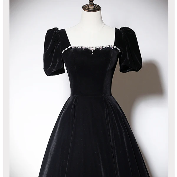 Elegant Black Suede Evening Dresses 2023 A-Line / Princess Square Neckline Short Sleeve Backless Bow Floor-Length / Long Evening Party Formal Dresses