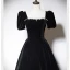 Elegant Black Suede Evening Dresses 2023 A-Line / Princess Square Neckline Short Sleeve Backless Bow Floor-Length / Long Evening Party Formal Dresses