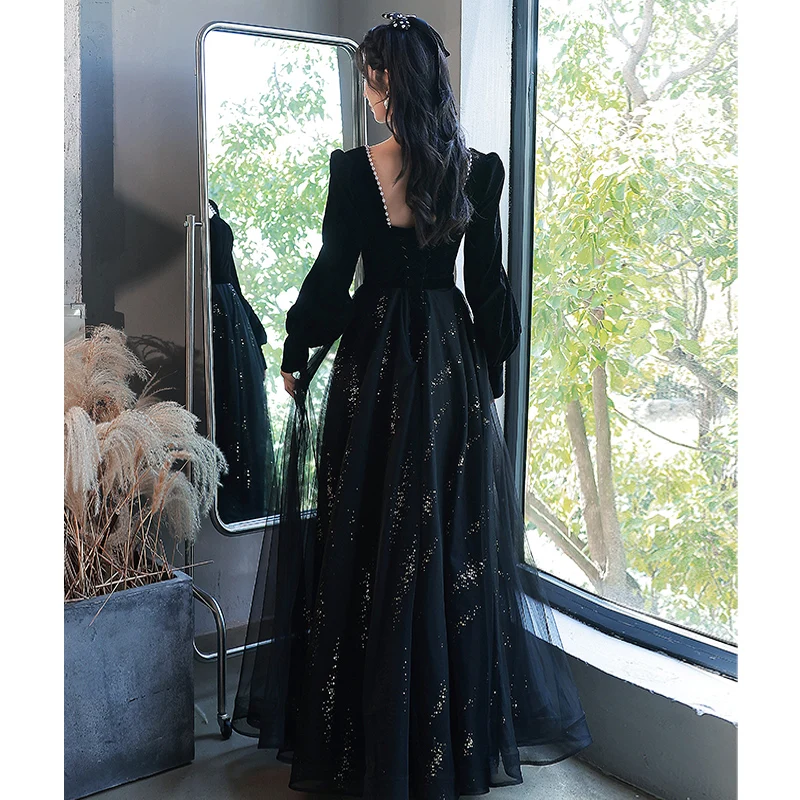 blue dress for baby girl Black Princess A Line Off the Shoulder Corset Prom Dress with Lace Ruf –  KissDress main image 0