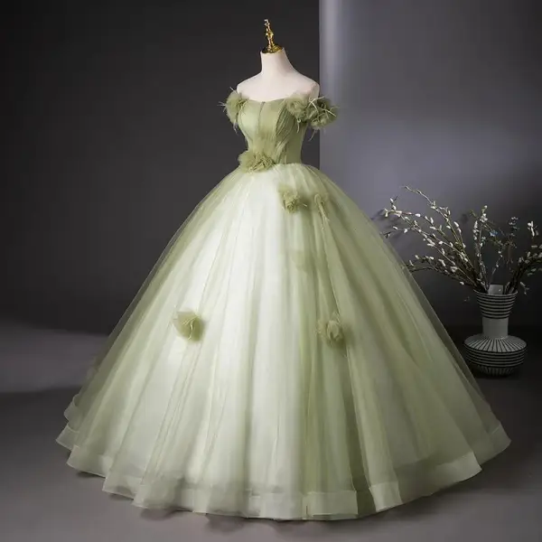 Elegant Sage Green Appliques Ball Gown Prom Dresses 2024 Strapless Sleeveless Backless Floor-Length / Long Prom Formal Dresses
