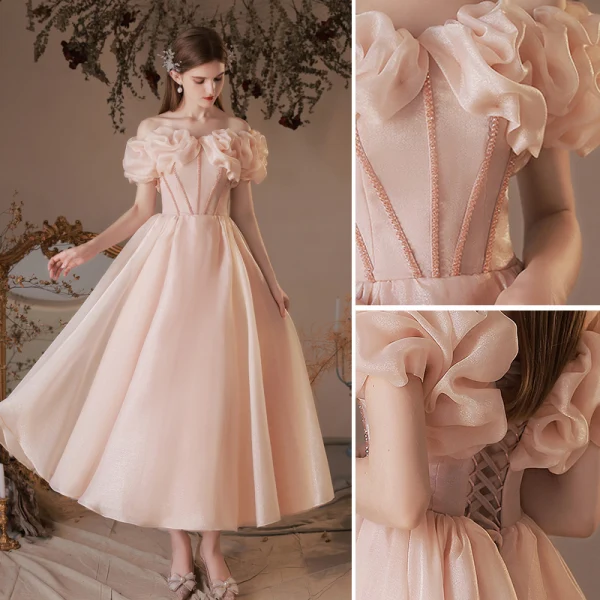 Lovely Blushing Pink Prom Dresses 2022 A-Line / Princess Ruffle Off-The-Shoulder Beading Short Sleeve Backless Floor-Length / Long Prom Formal Dresses
