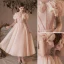 Lovely Blushing Pink Prom Dresses 2022 A-Line / Princess Ruffle Off-The-Shoulder Beading Short Sleeve Backless Floor-Length / Long Prom Formal Dresses