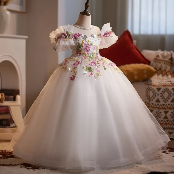Fancy White Sequins Lace Flower Birthday Flower Girl Dresses 2025 Ball Gown Off-The-Shoulder Short Sleeve Backless Floor-Length / Long Tulle