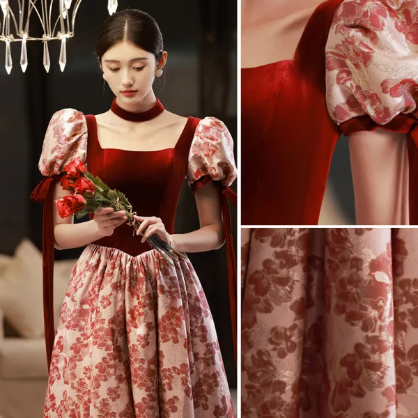 Elegant Burgundy Printing Prom Dresses 2022 A-Line / Princess Square Neckline Puffy Short Sleeve Backless Floor-Length / Long Formal Dresses