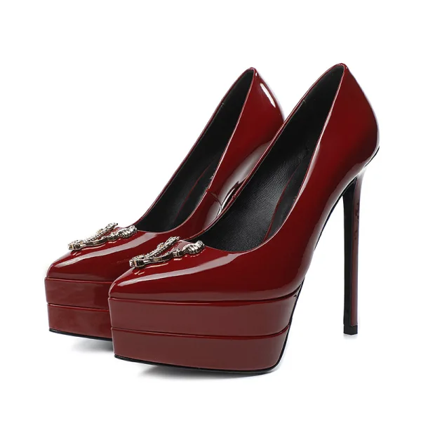 Mote Rød Lær Aften Pumps 2022 Patent Lær 13 cm Stiletthæler Spisse Pumps Høyhælte