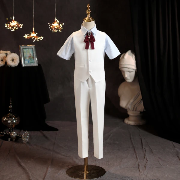 Fashion White Birthday 4-piece Long Sleeve Boys Wedding Suits 2023 Coat Pants Shirt Tie